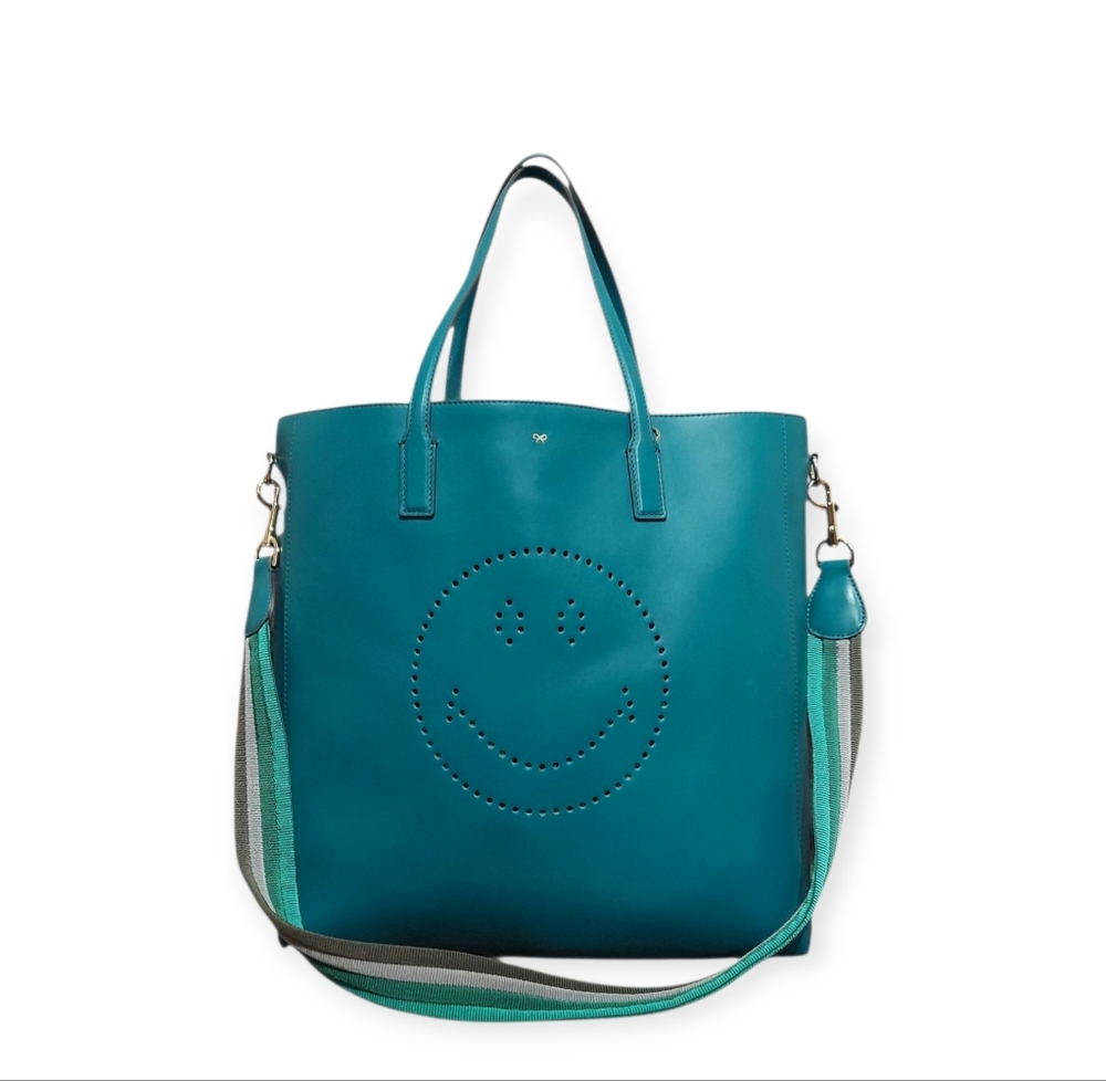 Anya Hindmarch Teal Smile Perforated Leather Tote